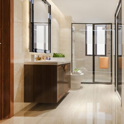 3d rendering modern wood and stone white bathroom